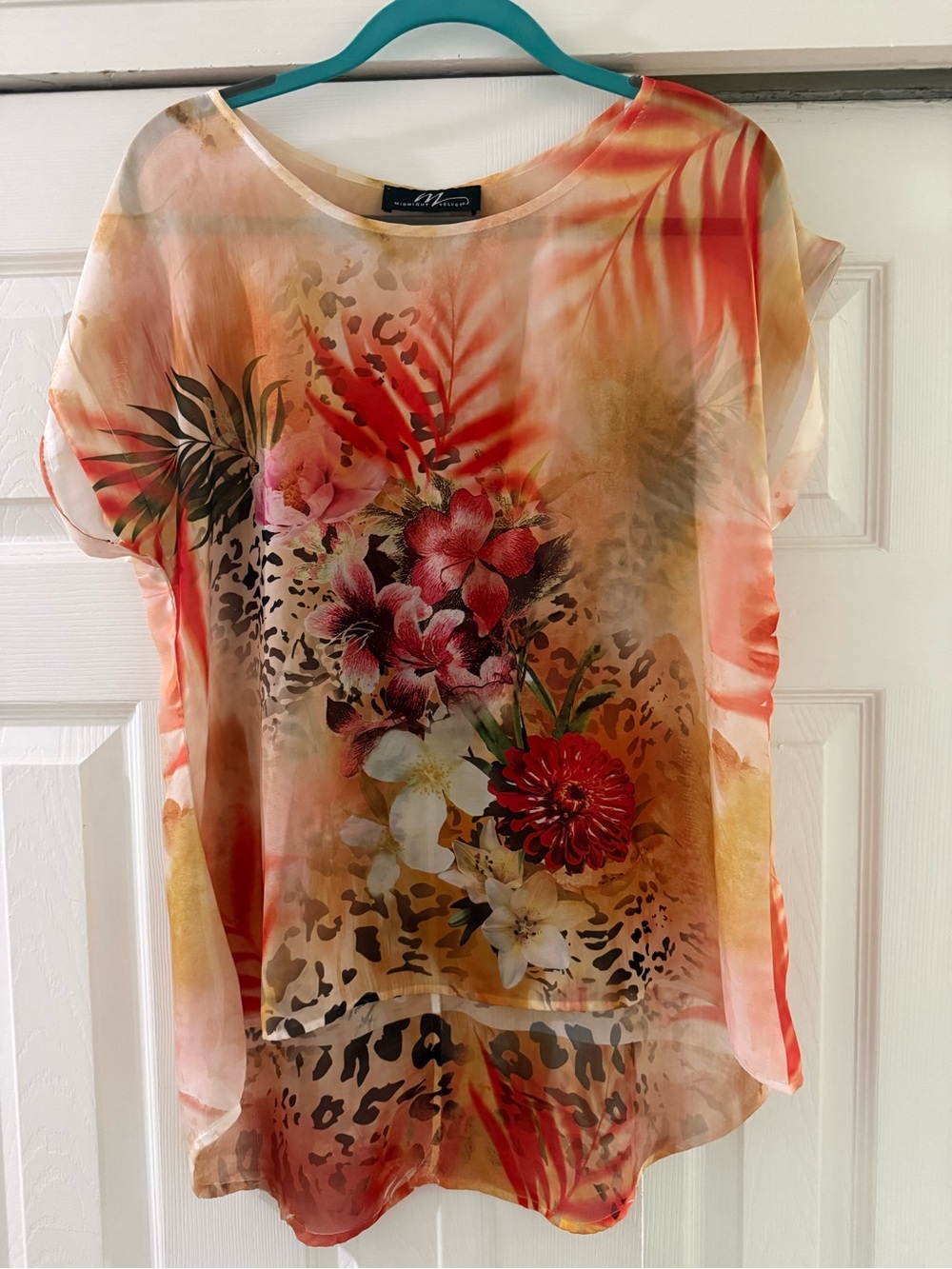 🧡 Midnight Velvet Tropical Floral & Leopard Sheer Blouse - Coral, Red, Cream 🧡